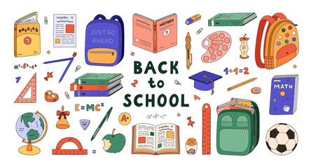Big colourful doodle back to school set with kids school supplies. Hand drawn collection of schoolbag, textbook, globe, cute stationery, soccer ball. Childish clipart for study, work with outline.