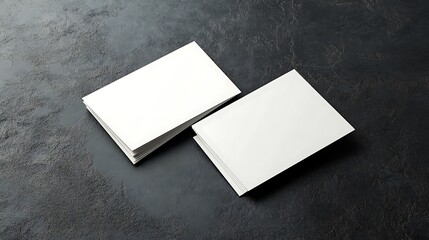 Two blank white business cards on a black textured surface.