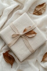 Gift Wrapped in Natural Fabric with Dried Leaves