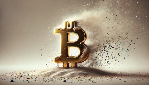 Bitcoin symbol disintegrating into particles