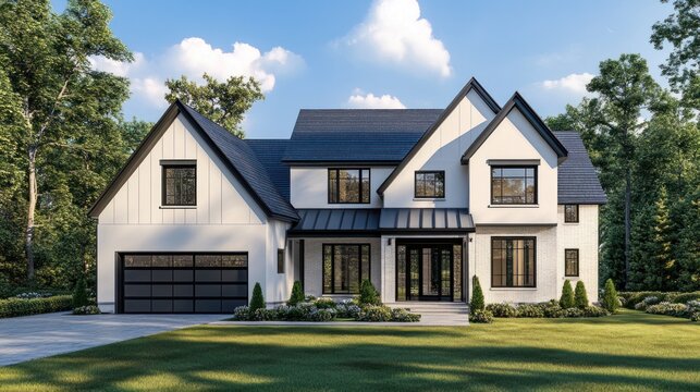 Modern white and black two-story house with a front yard, garage door, and large windows.