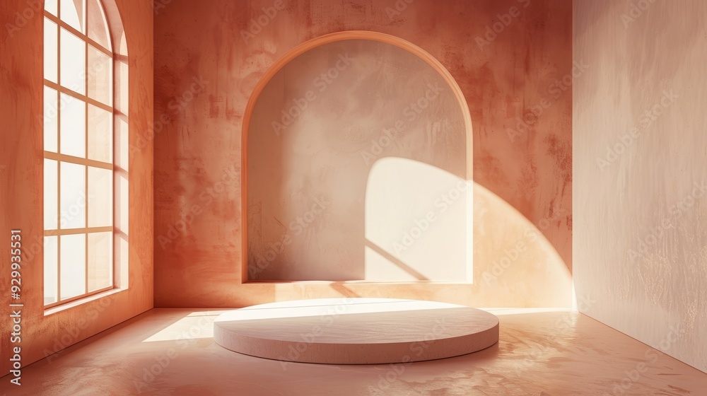 Poster a minimalist space with a circular platform illuminated by soft morning light, showcasing warm, eart