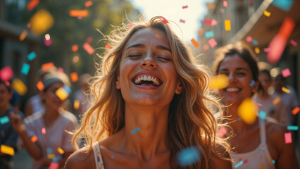 Obraz premium Cheerful girl, laughs, a lot of confetti flying, joy.
