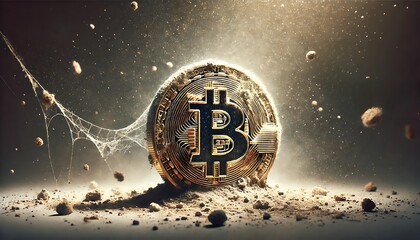 Bitcoin coin with a web and dust around it