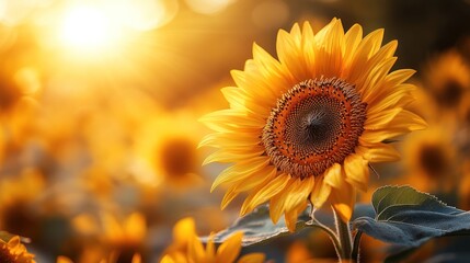 Fototapeta premium Sunlit Sunflower in a Field of Golden Blooms