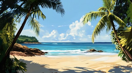 A beach scene with palm trees and a blue ocean