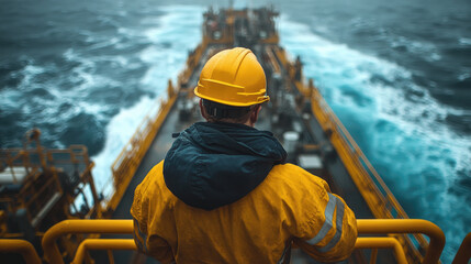 Fototapeta premium Worker in Yellow Safety Gear on Offshore Oil Rig Overlooking Ocean Waves on a Cloudy Day