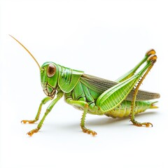An isolated white background shows the full body of a grasshopper close up