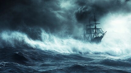 Fototapeta premium Stormy Sea with Massive Waves and Ghost Ship Emerging from Mist - Nightmarish Ocean Scene