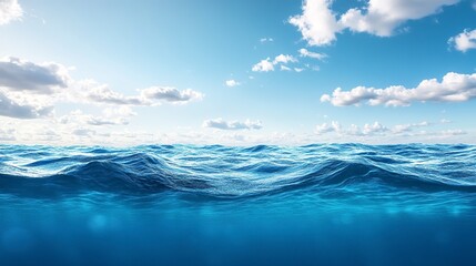 blue sea or ocean water surface and underwater with blue sky