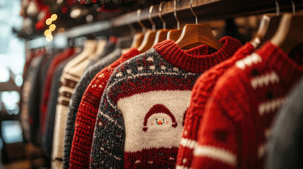 Cozy Christmas Sweaters on Display in a Festive Store with Holiday Decorations and Warm Lighting