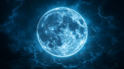 Blue Glowing Moon in a Starry Night Sky High-Resolution Sci-Fi Digital Art