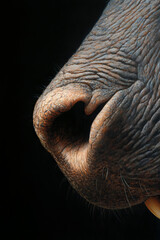 Naklejka premium Close-up of a textured animal nose showcasing intricate details and natural beauty against a dark background.