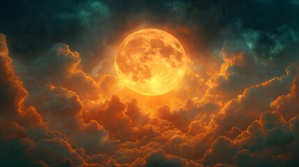 Golden Moon Emerging Through Glowing Clouds Sci-Fi Fantasy Digital Art