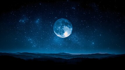 Serene Full Moon Rising Over Mountain Landscape Against a Starry Sky Perfect for Night Photography and Celestial Observation Enthusiasts