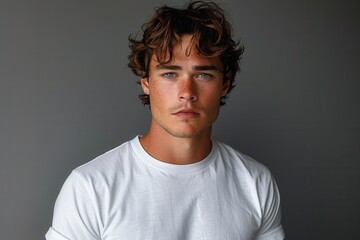 Fototapeta premium Young man with wavy hair wearing a white shirt, standing against a dark background, exhibiting a serene and confident expression.