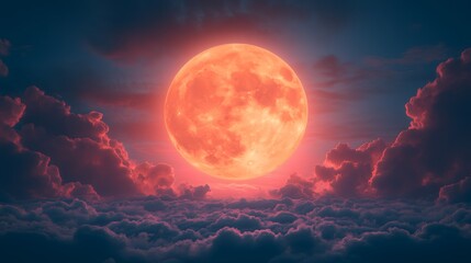 Striking Red Full Moon Surrounded by Vibrant Clouds Illuminating the Sky in a Dreamlike and Mystical Scene Perfect for Atmospheric Photography and Lunar Enthusiasts