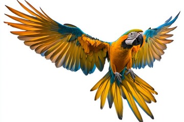 Fototapeta premium The blue macaw is flying in the nature against a transparent background