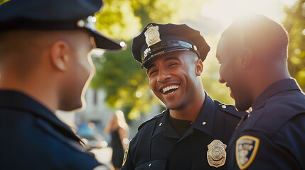 A group of police officers in uniform, sharing a moment of laughter and camaraderie under the sun.