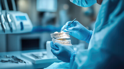Dental Professional Working on a Dental Model in a Modern Clinic with Advanced Equipment