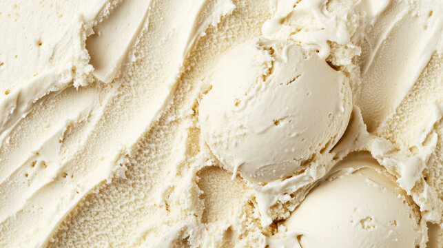 Creamy vanilla ice cream scoops on a textured background showcasing soft serve and creamy consistency, ideal for food photography