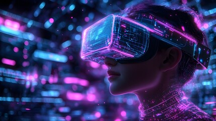 Woman Wearing VR Headset Futuristic Neon Lights Metaverse