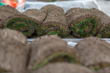 Stack of sod rolls for new lawn.