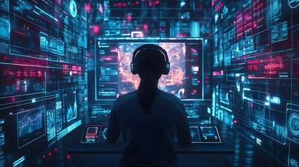 Woman Working on Futuristic Interface, Cybersecurity, Digital Technology