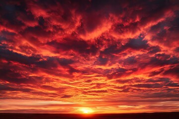 Fototapeta premium A breathtaking sunset featuring vibrant red clouds and a golden horizon, perfect for evoking feelings of peace and wonder.