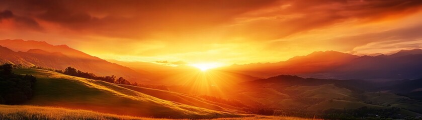 A breathtaking sunset over rolling hills, casting warm hues across the sky, perfect for nature enthusiasts and serene landscapes.