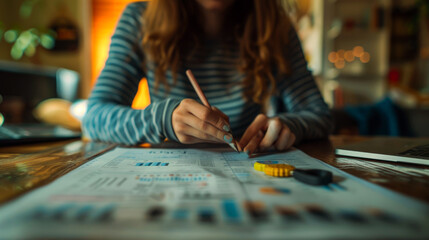 Fototapeta premium Woman's Hand Analyzing Data With a Pencil on a Spreadsheet