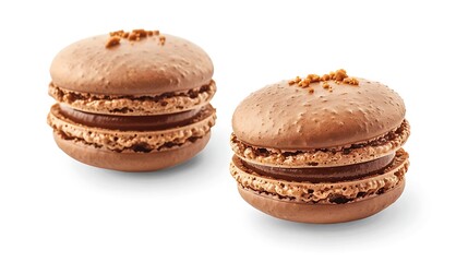 Two chocolate macarons with caramel filling and chocolate sprinkles on top.