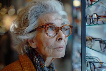 An elderly woman wearing patterned attire and large round glasses gazes intently at the eyewear selection in a store, thinking deeply about her choices.