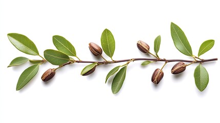 Naklejka premium Close-up of Jojoba Plant Branch with Green Leaves and Brown Seeds on White Background