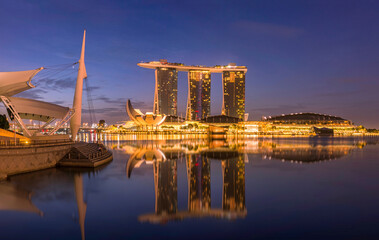 Singapore city, sunset and sunrise Downtown of Singapore is office buildings and business bank financial
