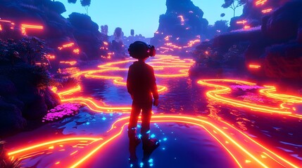 Fototapeta premium Futuristic Virtual Reality Landscape With Neon Lights
