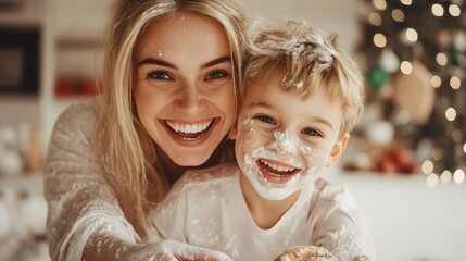 Mother son smiling in the kitchen baking cookies biscuits together Face covered with flour Dessert preparing Food recipes Parent-child relationship Family love Pastry dough Little chef Assistance cook