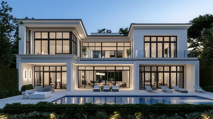 Fototapeta premium A modern, two-story house with large windows, lush landscaping, a swimming pool, 
