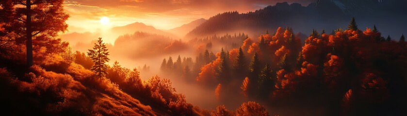 Fototapeta premium Breathtaking autumn landscape with vibrant foliage and a glowing sunset illuminating the mountains and misty valley.
