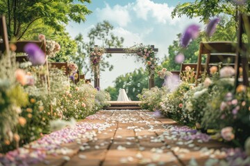 Fototapeta premium A wedding aisle covered in flower petals and lined with lush floral arrangements, leading to a beautifully adorned arch under a bright blue sky in an outdoor setting.