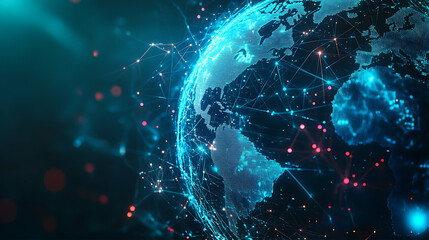 Obraz premium A digital globe emitting bright network connections and data points, showcasing global communication and advanced technology in a cyber-themed environment