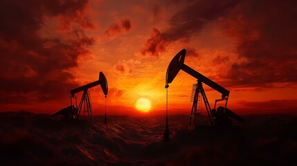 Silhouettes of oil pumps against a dramatic sunset, showcasing the intersection of nature and industry in a vivid landscape.