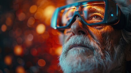 Elderly man in augmented reality glasses looks ahead, surrounded by glowing bokeh lights. Concept of technology and the future.