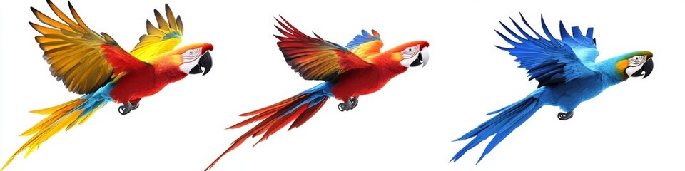 Obraz premium Vibrant Macaw Trio: Creative Abstract Design of Flying Parrots in Red, Blue, and Blue-Yellow. AI-Generated Digital Art for Marketing, Greeting Cards, and Storybook Illustrations. Perfect for UI Decora