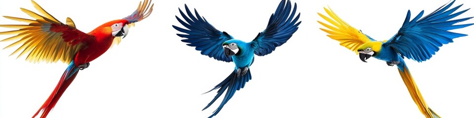 Obraz premium Vibrant Macaw Trio: Creative Abstract Design of Flying Parrots in Red, Blue, and Blue-Yellow. AI-Generated Digital Art for Marketing, Greeting Cards, and Storybook Illustrations. Perfect for UI Decora