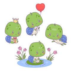 Fototapeta premium Cute turtle set. Funny cartoon animal floating, with balloon, princess with gift and on lake with flowers. Isolated kawaii characters. Vector illustration. Kids collection