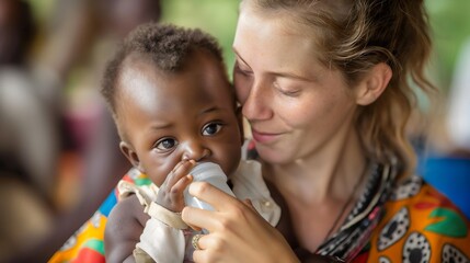 Woman feeding little black African baby milk bottle Poor rural village World hunger Feale volunteer helping orphans Charity food donations Ethnicity hungry kids Human love Aid Hope Prayer Poverty
