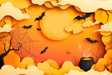 Happy Halloween banner or party invitation background with clouds, bats and pumpkins in paper cut style. Full moon in orange sky, spiders web and witch cauldron. Place for text