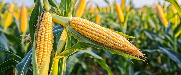 Two ears of corn in a field of corn with green leaves.
