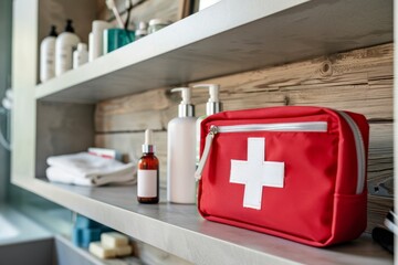 A red first aid kit with a white cross emblem sits on a bathroom shelf surrounded by various toiletries, emphasizing preparation for emergencies at home.